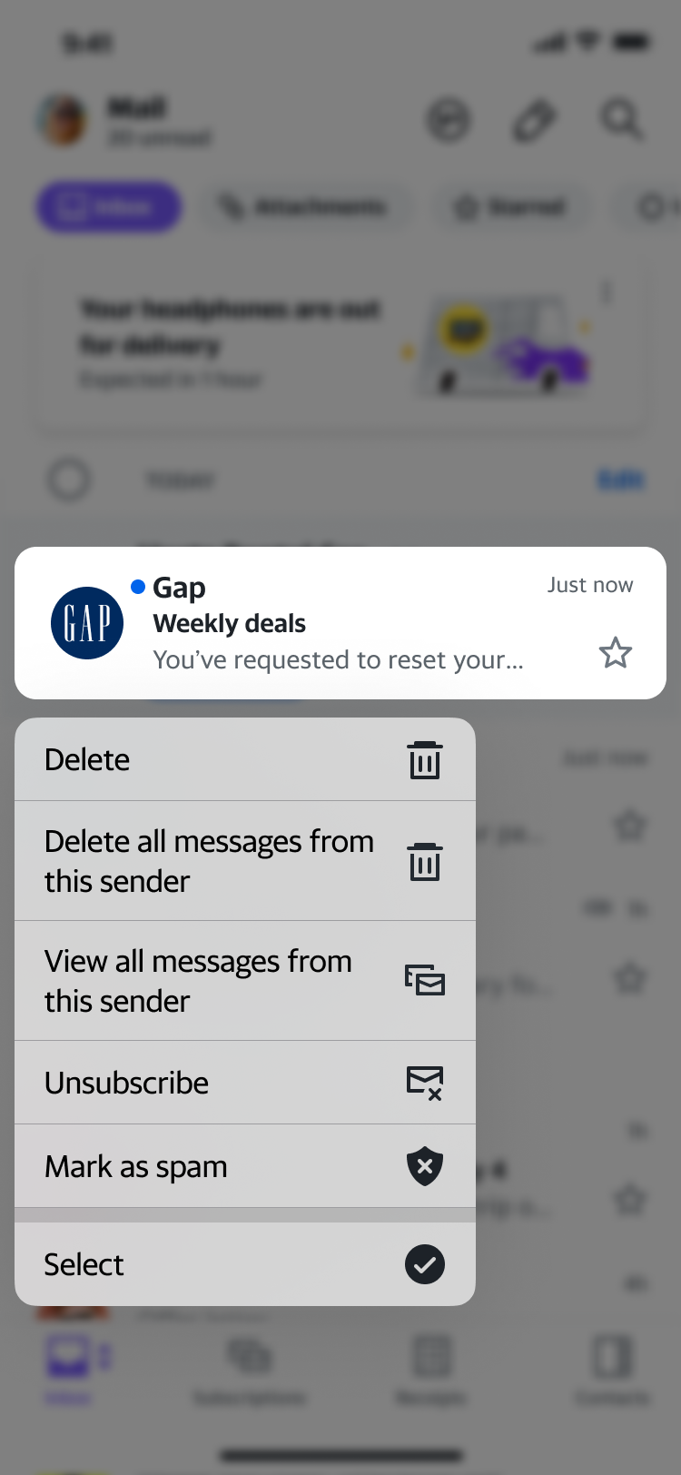 Email management interface showing bulk delete by sender functionality with context menu options including delete all messages from sender
