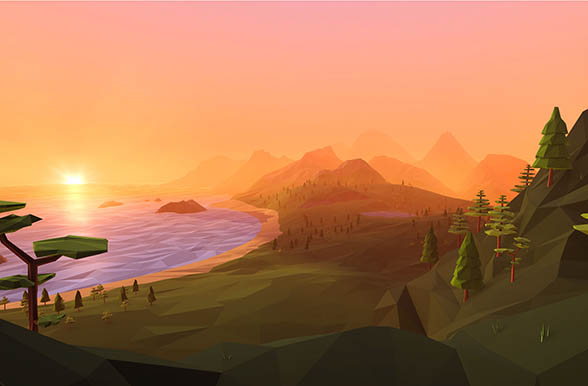 VR skybox design showing a scenic sunset landscape with mountains, water, and rolling hills in a stylized low-poly art style
